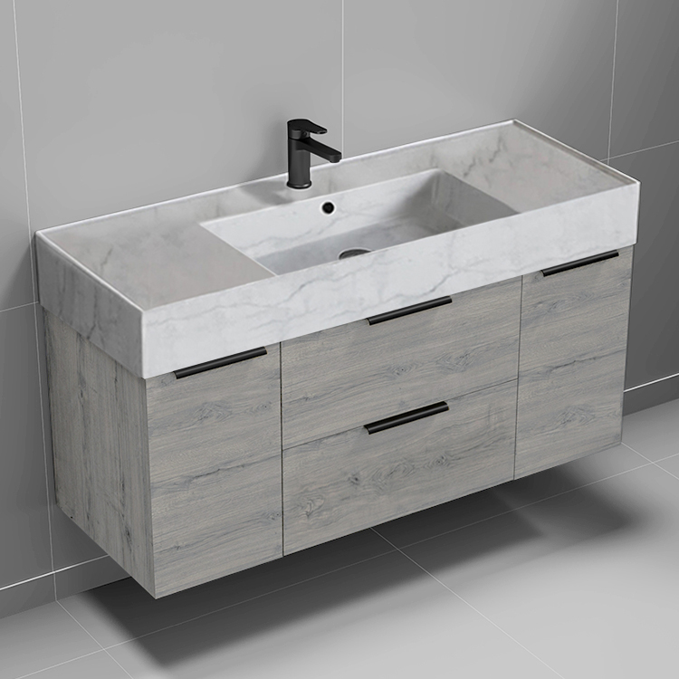 Nameeks DERIN774 Grey Oak Bathroom Vanity With Marble Design Sink, Wall Mounted, 48 Inch, Modern